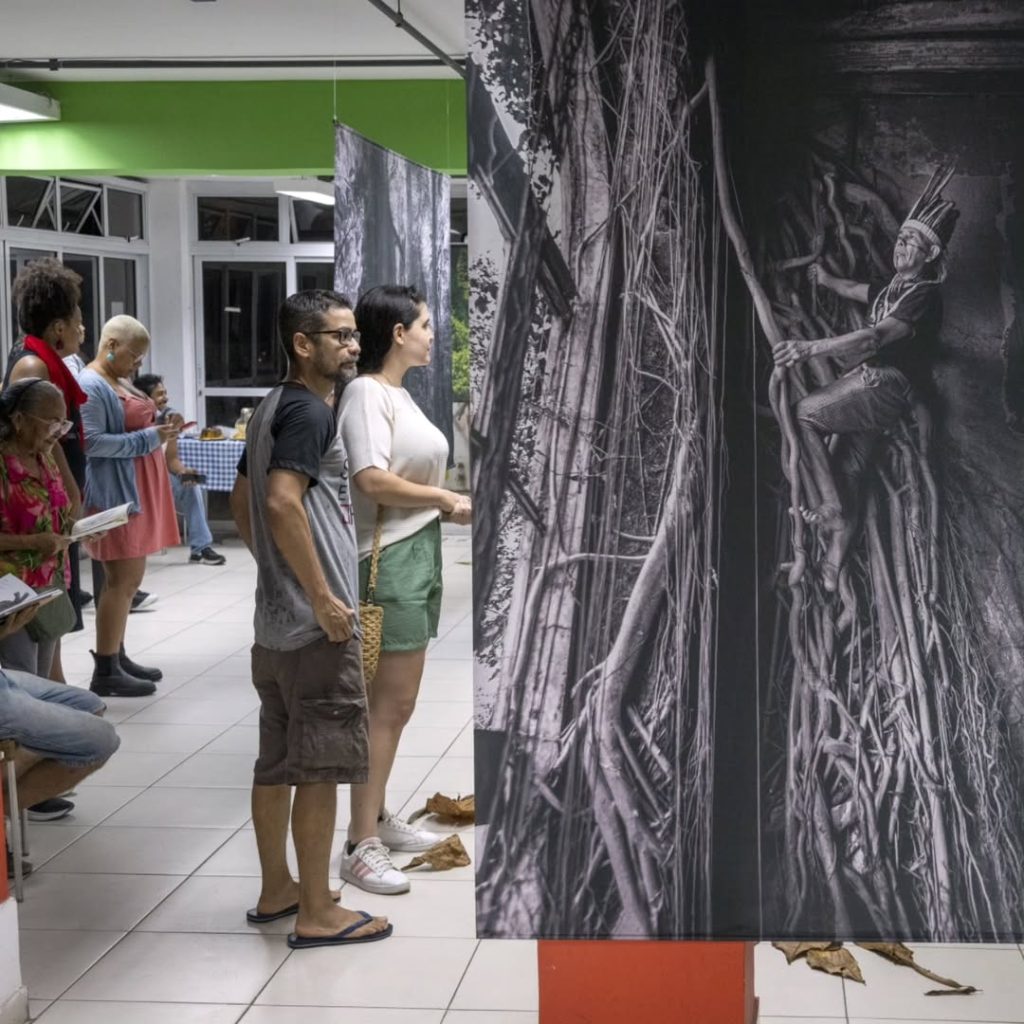 Em ambiente interno, pessoas observam exposição Vestígios. Em primeiro plano, destaque para Cacique Urutau