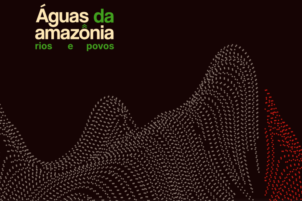 Fundo marrom escuro com texto "Águas da Amazônia, rios e povos" no canto superior esquerdo. Formas onduladas pontilhadas em bege e vermelho na parte inferior.