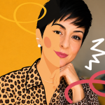 Sou uma mulher de pele clara, cabelos pretos curtos em corte pixie e lábios pintados de rosa. Apareço centralizada na imagem, olhando diretamente para a câmera, com o queixo apoiado na mão direita. Uso um pequeno brinco redondo branco na orelha esquerda e visto uma camisa com estampa animal print em tons de marrom e preto. A imagem é dividida verticalmente em dois estilos: do meu lado esquerdo, uma ilustração estilizada com fundo amarelo sólido; do lado direito, uma fotografia realista com fundo desfocado de um ambiente interno. Elementos gráficos decorativos se sobrepõem à composição: uma linha amarela curva e espiralada no canto superior esquerdo, um desenho em zigue-zague branco ao lado direito da minha cabeça, e um círculo rosa cortado por uma linha reta no canto inferior direito.