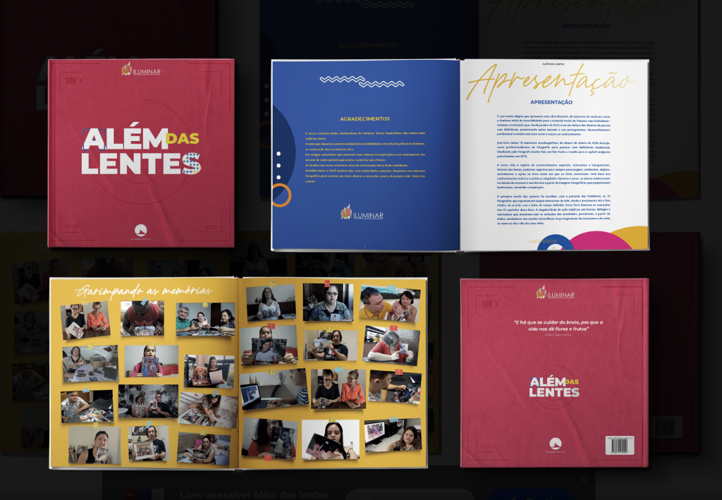 Apresentação da capa, páginas abertas internas e contra capa do livro Além das Lentes